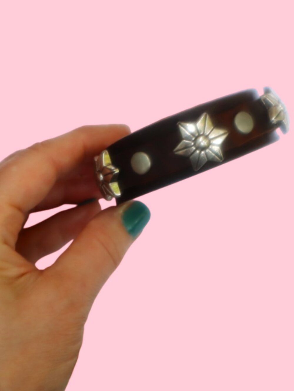 Adjustable Brown Leather Cuff Bracelet with Silver Flower Studs